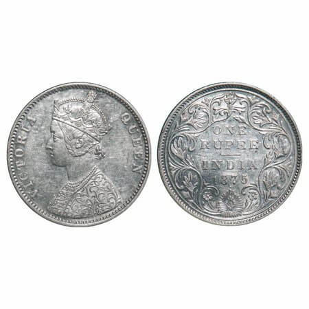 Victoria Queen, Silver, Rupee, 1875, Bombay Mint, A2/II, Dot, Top stroke of numeral 5 long