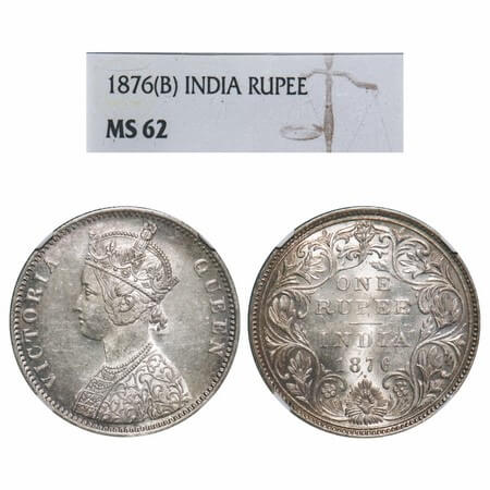 Victoria Queen, Silver, Rupee, 1876, Bombay Mint, A2/II, Dot. F. Prid 147. GK 430. NGC Sla
