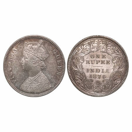 Victoria Queen, Silver, Rupee, 1876, Calcutta Mint, A1/I, No mint mark. F. Prid 114. GK 43