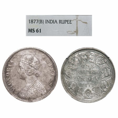Victoria Empress, Silver, Rupee, 1877, Bombay Mint, A2/II, Dot. F. Prid 149. GK 435. NGC S