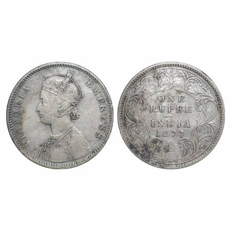 Victoria Empress, Silver, Rupee, 1877, Bombay Mint, A2/II, Dot. F. Prid 149. GK 435. Very 