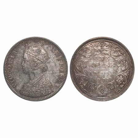 Victoria Empress, Silver, Rupee, 1877, Bombay Mint, A2/II, Dot. F. Prid 149. GK 435. Almos