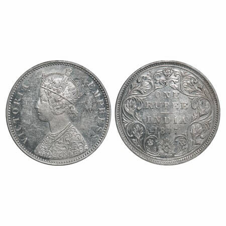 Victoria Empress, Silver, Rupee, 1877, Bombay Mint, A3/II, Dot. F. Prid Unlisted. GK 437. 