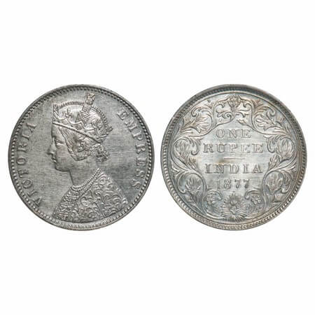 Victoria Empress, Silver, Rupee, 1877, Bombay Mint, A3/II, Dot. F. Prid Unlisted. GK 437. 