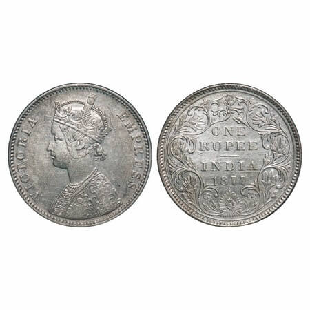 Victoria Empress, Silver, Rupee, 1877, Bombay Mint, A3/II(i), Dot. F. Prid Unlisted. GK 44