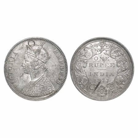 Victoria Empress, Silver, Rupee, 1877, Bombay Mint, A3/II(i), Dot. F. Prid Unlisted. GK 44