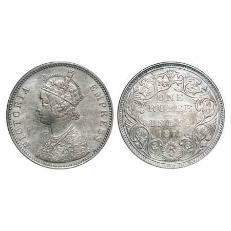 Victoria Empress, Silver, Rupee, 1877, Bombay Mint, A6/II, Dot. F. Prid Unlisted. GK 442. 