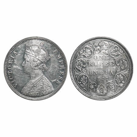 Victoria Empress, Silver, Rupee, 1877, Bombay Mint, A6/II,Dot. F. Prid Unlisted. GK 442. U