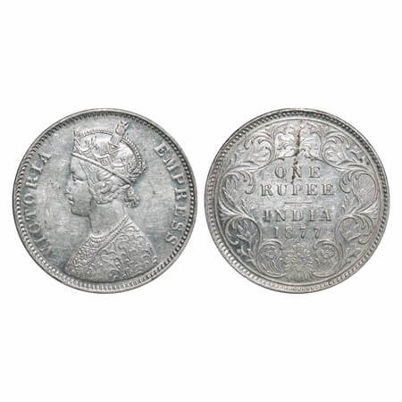 Victoria Empress, Silver, Rupee, 1877, Bombay Mint, A3/I, Dot. F. Prid 150. GK 444. Uncirc