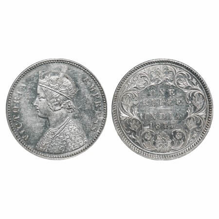 Victoria Empress, Silver, Rupee, 1877, Calcutta Mint, A1/I, No mint mark, Thick numeral '7