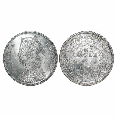 Victoria Empress, Silver, Rupee, 1877, Calcutta Mint, A1/I, No mint mark, Thick numeral '7