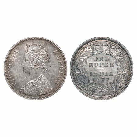 Victoria Empress, Silver, Rupee, 1877, Calcutta Mint, A1/I, No mint mark. F. Prid 115. GK 