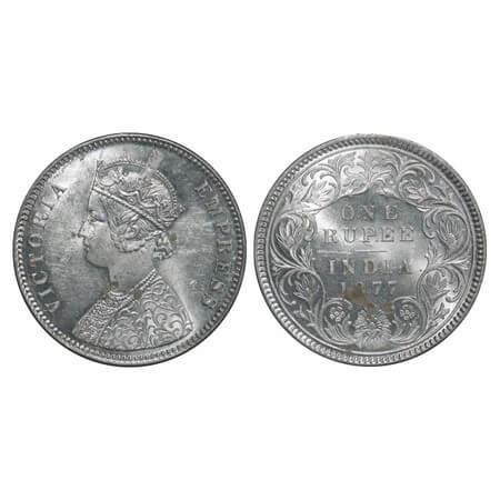 Victoria Empress, Silver, Rupee, 1877, Calcutta Mint, A1/I, No mint mark. F. Prid 115. GK 