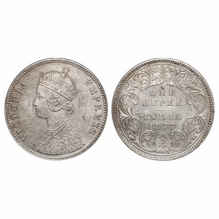 Victoria Empress, Silver, Rupee, 1877, Calcutta Mint, A/I, No mint mark. F. Prid 115. GK 4