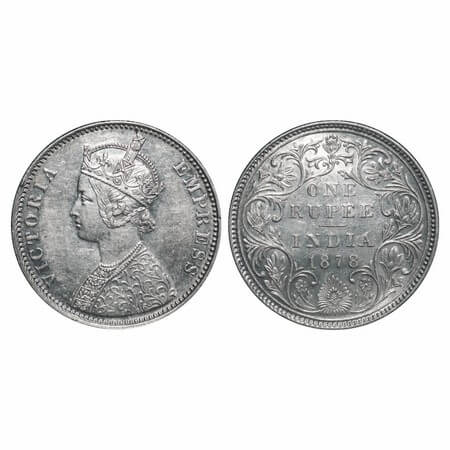 Victoria Empress, Silver, Rupee, 1878, Bombay Mint, A3/II(i), Dot. F. Prid 151. GK 451. Un