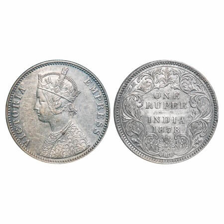Victoria Empress, Silver, Rupee, 1878, Bombay Mint, A3/I, Dot. F. Prid 152. GK 454. About 