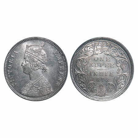 Victoria Empress, Silver, Rupee, 1878, Calcutta Mint, A1/I, No mint mark. F. Prid 116. GK 