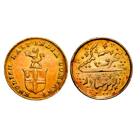 Madras Presidency, Gold 1/3rd (Five Rupees) Ashrafi, 3.90g, (1819 AD Issue), Obv; Lion sta