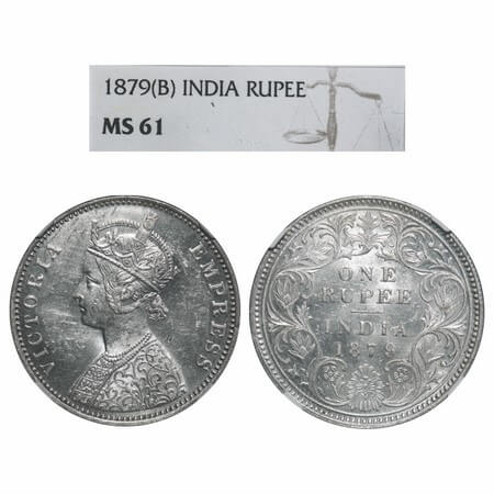Victoria Empress, Silver, Rupee, 1879, Bombay Mint, A3/I, Dot. F. Prid 154. GK 460. NGC Sl