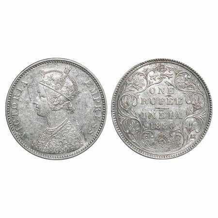 Victoria Empress, Silver, Rupee, 1880, Bombay Mint, A3/II(i), Dot. F. Prid 155. GK 465. Ex