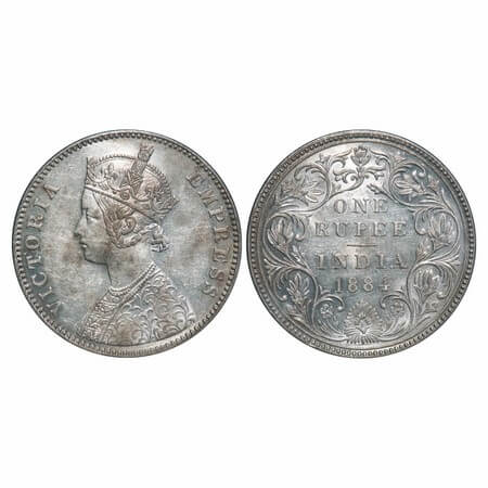 Victoria Empress, Silver, Rupee, 1884, Bombay Mint, A3/II(i), 'B' raised (bottom). F. Prid
