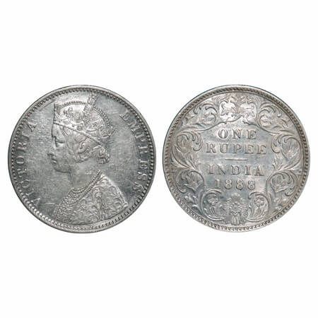 Victoria Empress, Silver, Rupee, 1888, Bombay Mint, C2/I, 'B' incused. F. Prid 175. GK 555