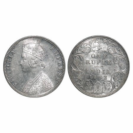 Victoria Empress, Silver, Rupee, 1892, Bombay Mint, C2/I, 'B' incused. F. Prid 181. GK 572