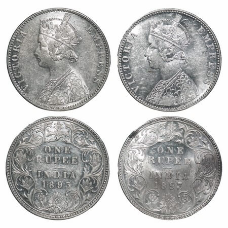 Victoria Empress, Silver, Rupee, (2 coins), 1893, Bombay Mint, C2/I(ii), 'B' incused, 1) N