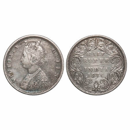 Victoria Queen, Silver, Half Rupee, 1874, Bombay Mint, B1/II, Dot. F. Prid 284. GK 599. Ex