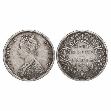Victoria Queen, Silver, Half Rupee, 1874, Bombay Mint, B2/II, Dot. F. Prid 28. GK 600. Ver