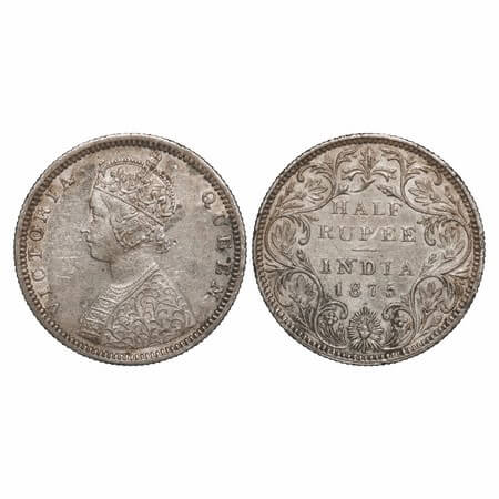 Victoria Queen, Silver, Half Rupee, 1875, Bombay Mint, B2/II, Dot. F. Prid 286. GK 602. Al