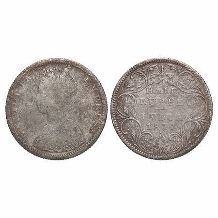 Victoria Empress, Silver, Half Rupee, 1877, Bombay Mint, B2/II, Dot. F. Prid 288. GK 608. 