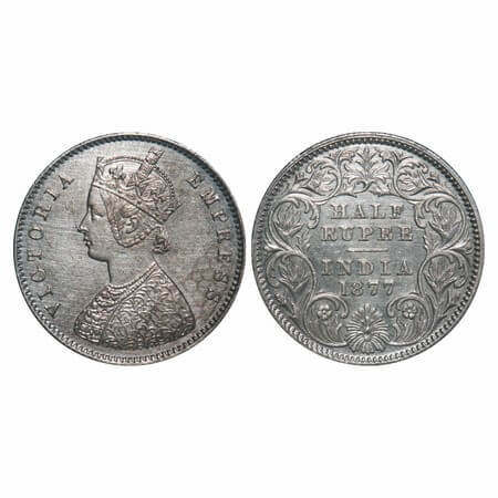 Victoria Empress, Silver, Half Rupee, 1877, Calcutta Mint, A/I, No mint mark. F. Prid 261.