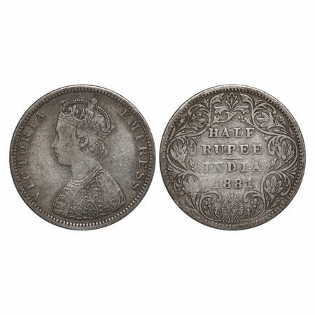 Victoria Empress, Silver, Half Rupee, 1881, Bombay Mint, B2/II, Dot. F. Prid 289. GK 615. 