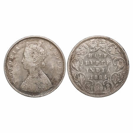 Victoria Empress, Silver, Half Rupee, 1884, Bombay Mint, A/II, No dot, centre vertical str