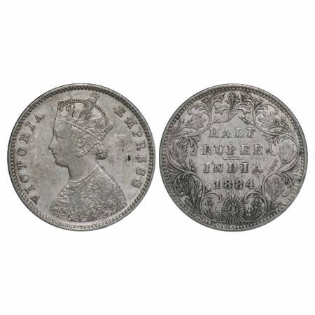 Victoria Empress, Silver, Half Rupee, 1884, Bombay Mint, A/II(i), No dot. F. Prid 293. GK 