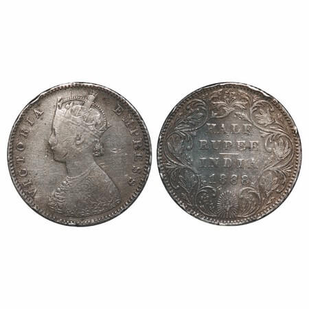 Victoria Empress, Silver, Half Rupee, 1888, Bombay Mint, A/II(i), No mint mark, w/o 'B' ma