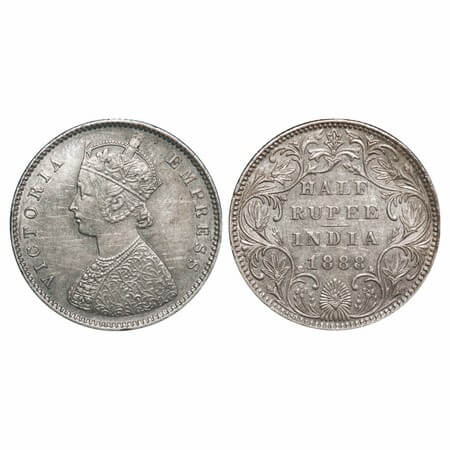 Victoria Empress, Silver, Half Rupee, 1888, Bombay Mint, A/II(i), 'B' raised. F. Prid 298.