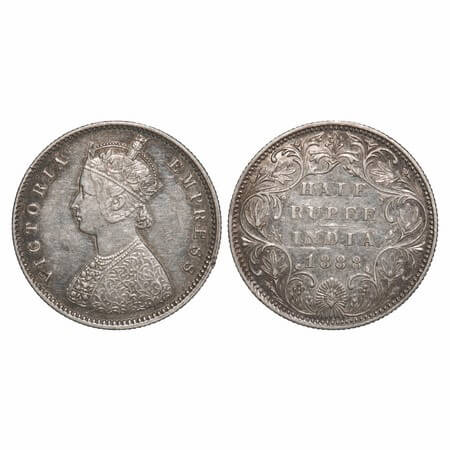 Victoria Empress, Silver, Half Rupee, 1888, Bombay Mint, A/II(i), 'B' raised. F. Prid 298.