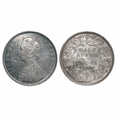 Victoria Empress, Silver, Half Rupee, 1889, Calcutta Mint, A/I, 'C' incused. F. Prid 273.