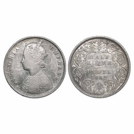 Victoria Empress, Silver, Half Rupee, 1892, Calcutta Mint, A/I, 'C' incused. F. Prid 276. 