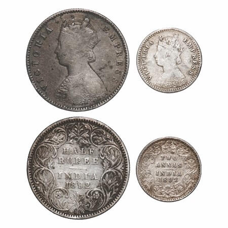 Victoria Empress, Silver, 1892, (2 coins), 1) Half Rupee, Calcutta Mint, A/I, 'C' incused,