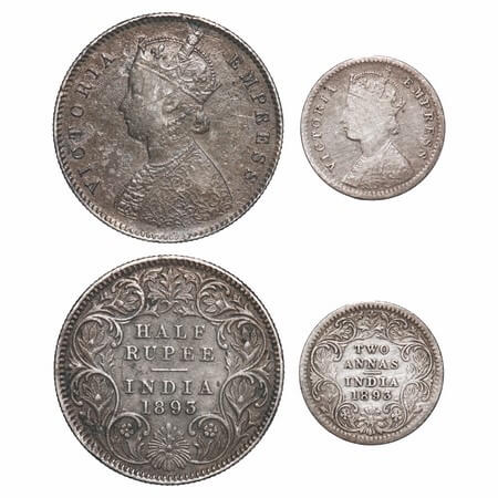 Victoria Empress, Silver, 1893, (2 coins), 1) Half Rupee, Calcutta Mint, A/I, 'C' incused,