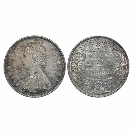Victoria Empress, Silver, Half Rupee, 1894, Bombay Mint, A/I, 'B' incused. F. Prid 304. GK