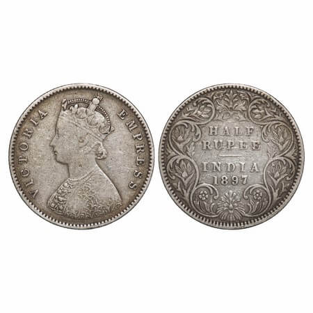 Victoria Empress, Silver, Half Rupee, 1897, Bombay Mint, A/I, 'B' incused, Traces of numer