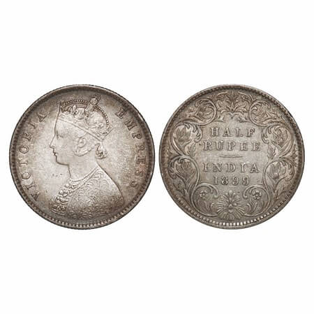 Victoria Empress, Silver, Half Rupee, 1899, Bombay Mint, A/I, 'B' incused, B incused inver