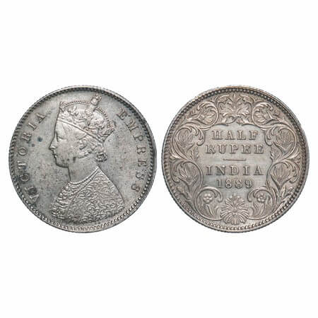 Victoria Empress, Silver, Half Rupee, 1889, Calcutta Mint, A/I, 'C' incused. F. Prid 273. 