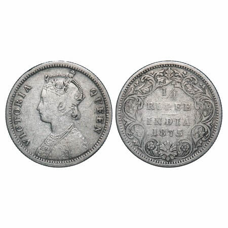 Victoria Queen, Silver, 1/4 Rupee, 1875, Bombay Mint, A/I,No dot. F. Prid 406. GK 666. Fin