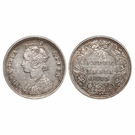 Victoria Queen, Silver, 1/4 Rupee, 1875, Bombay Mint, A/I,No dot. F. Prid 406. GK 666. Alm