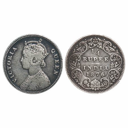 Victoria Queen, Silver, 1/4 Rupee, 1876, Calcutta Mint, A/I, No mint mark, No C. F. Prid 3